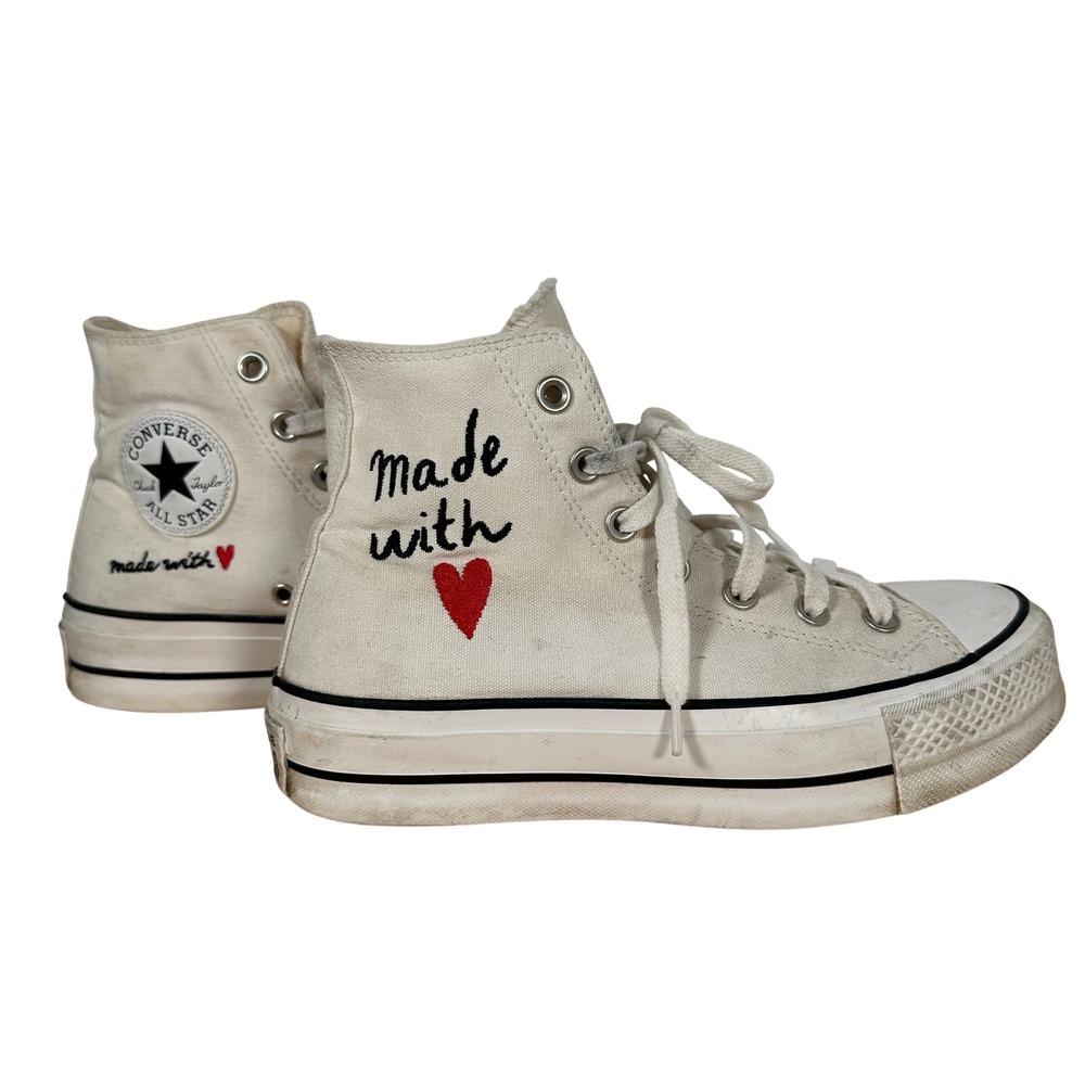 Converse Platform High Top White Canvas Hearts Made With Love Sneakers Size 7